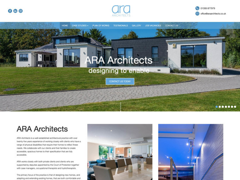 A website design recently created for an achitecture company featuring a modern house with a garden
