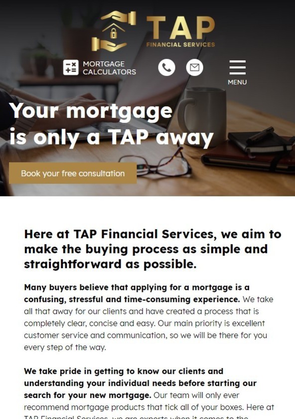 A financial service website shown on a mobile.
