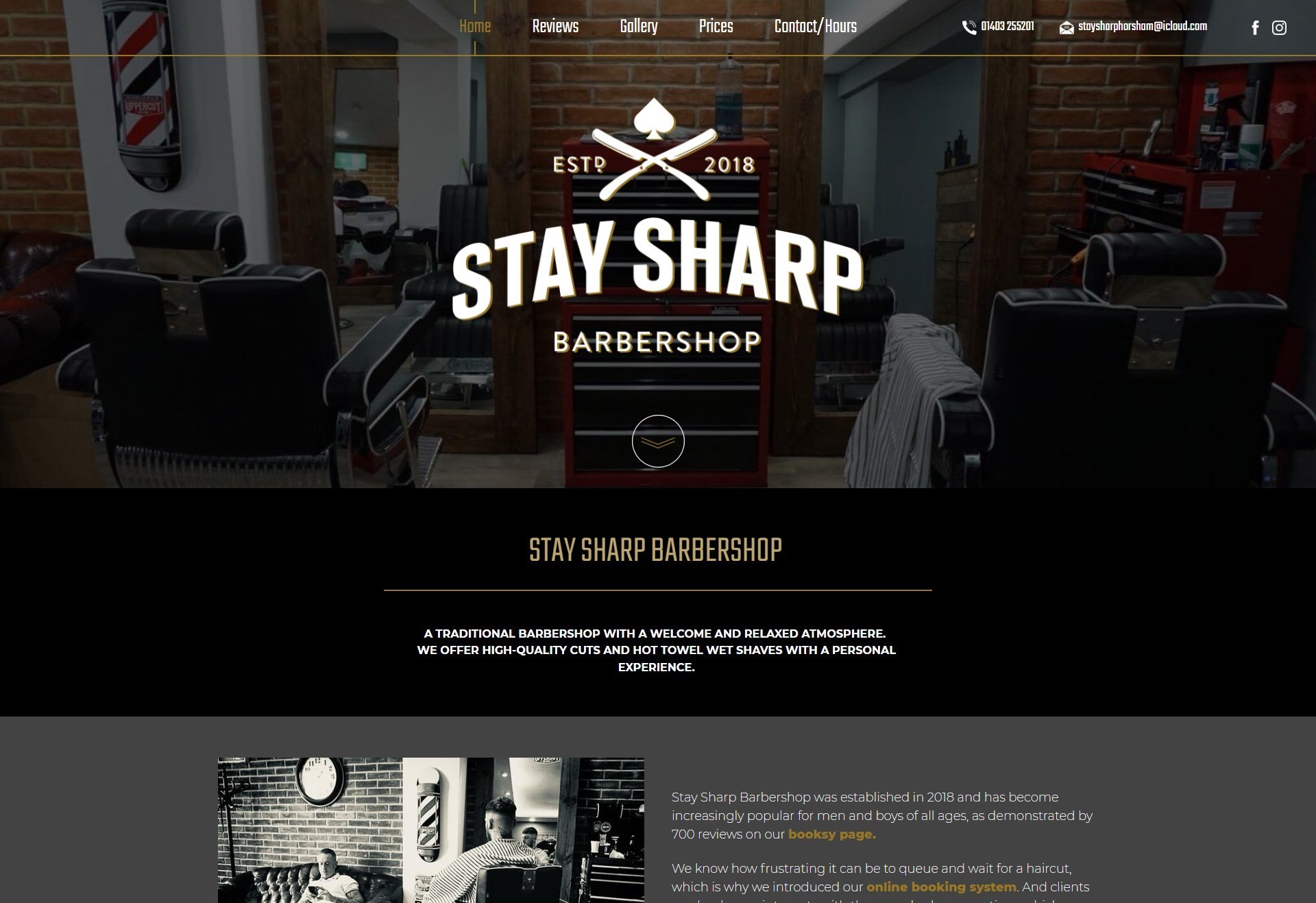 A barbershop website design shown on desktop.